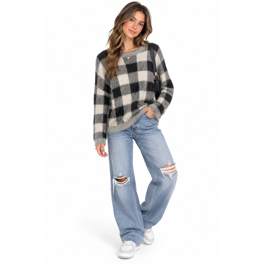 Bobeau Eyelash Knit Sweater Women XL Black White Buffalo Plaid Fuzzy Checkered